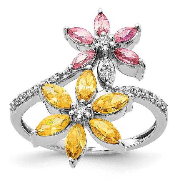 10k or 14k Real Solid Gold White & Red CZ Flower Beautiful Everyday Ring